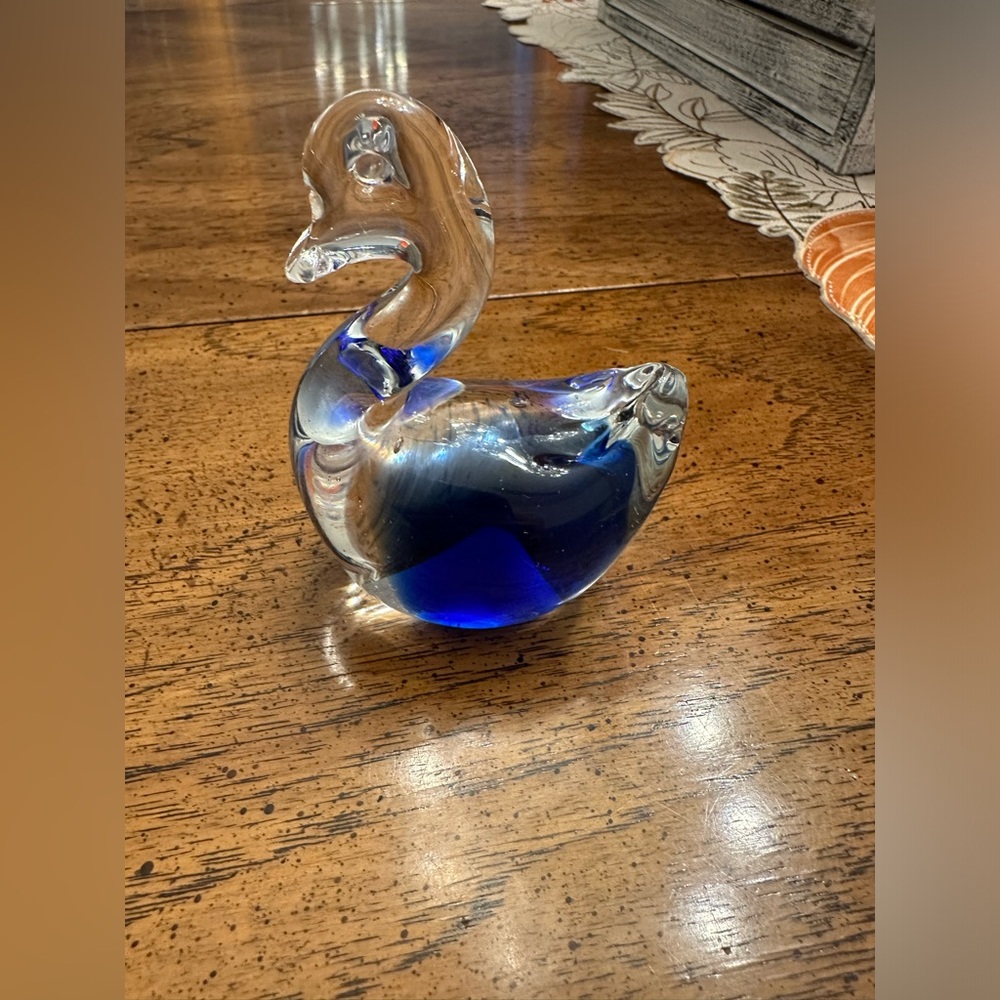 Hand blown glass art, Vintage Swan clear, and cobalt blue glass paperweight